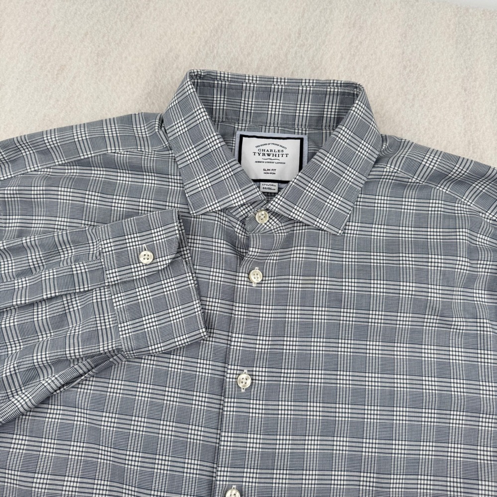 Charles Tyrwhitt Mens Slim Fit Non-Iron Dress Shirt 17.5-34 Gray Plaid Causal